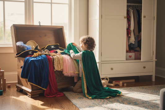 Child picking a cape from a dress-up box full of costumes, tutus, and hats
