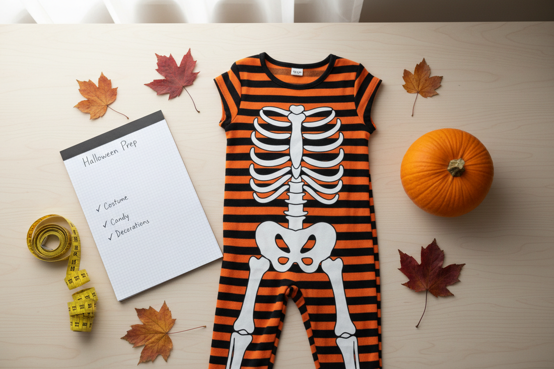 Folded Halloween costume with a measuring tape, checklist, and small pumpkin on a wooden table