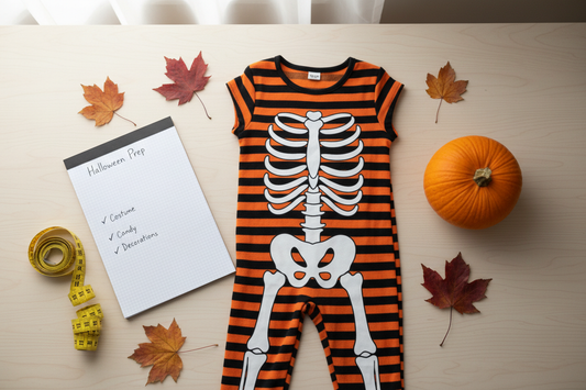 Folded Halloween costume with a measuring tape, checklist, and small pumpkin on a wooden table