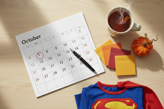 October calendar with sticky notes, a pen, a small pumpkin, and a folded children's costume