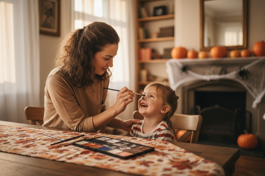 Parent painting cat whiskers on a smiling child at a kitchen table with a face paint palette
