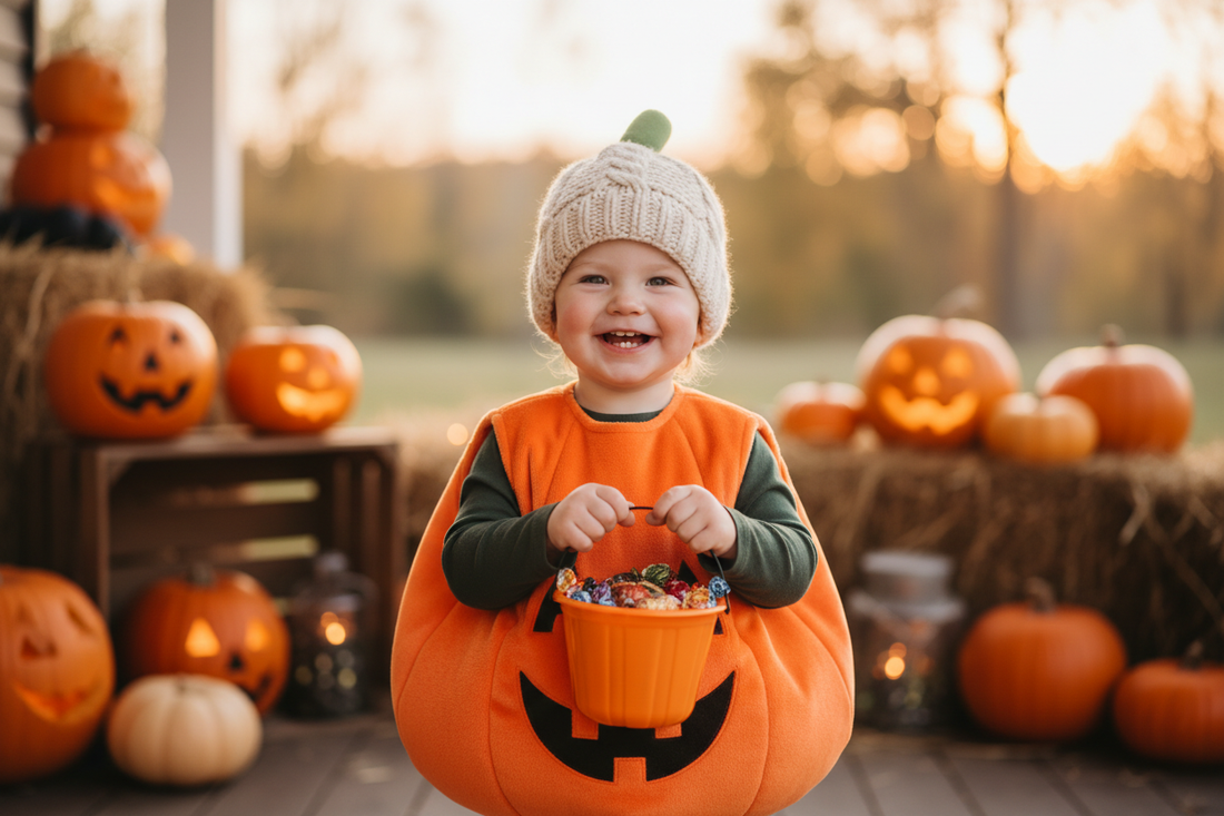 Smiling toddler in a soft pumpkin costume holding a candy bucket on a porch