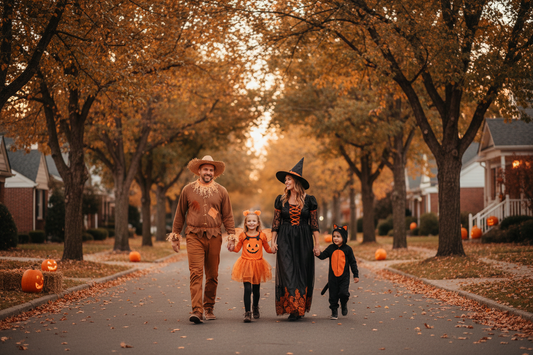 Family in coordinated Halloween outfits walking past porches with carved pumpkins at dusk