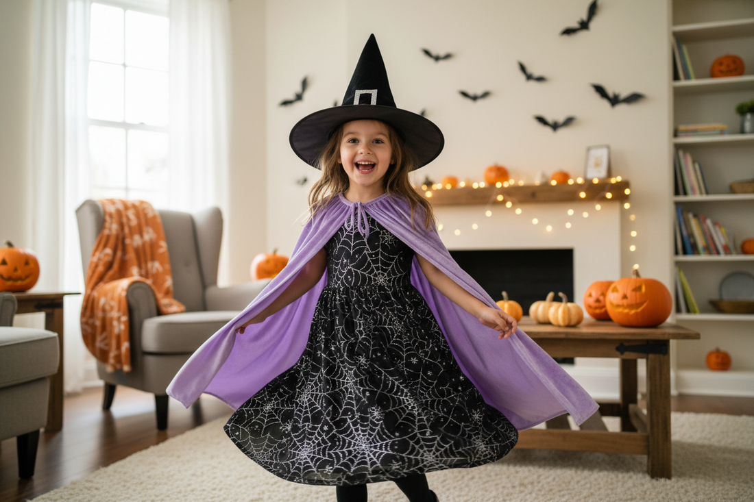 Girl in a purple witch costume and pointed hat twirling in a decorated living room