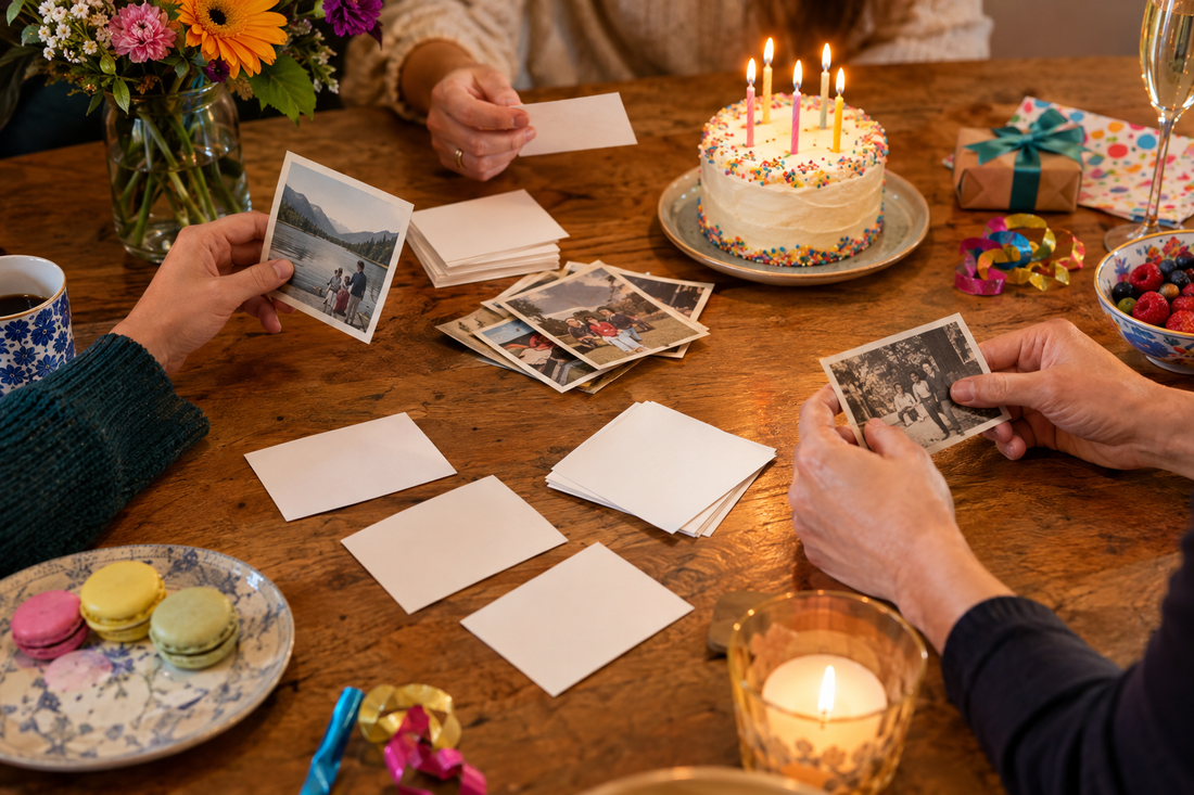 Adult birthday gathering table with memory cards, photographs, and a small cake