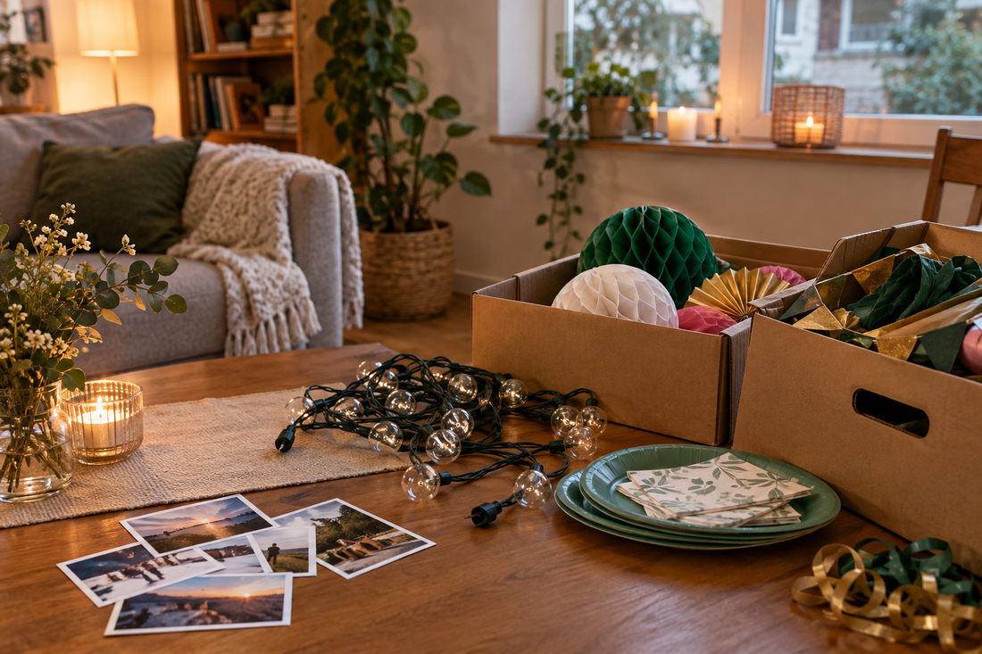 Reusable party decorations and photos neatly organized after a celebration
