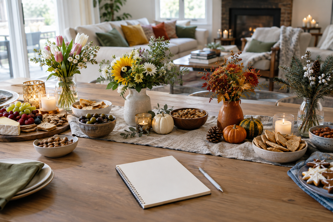 Versatile seasonal party planning table with a blank notebook and reusable decorations