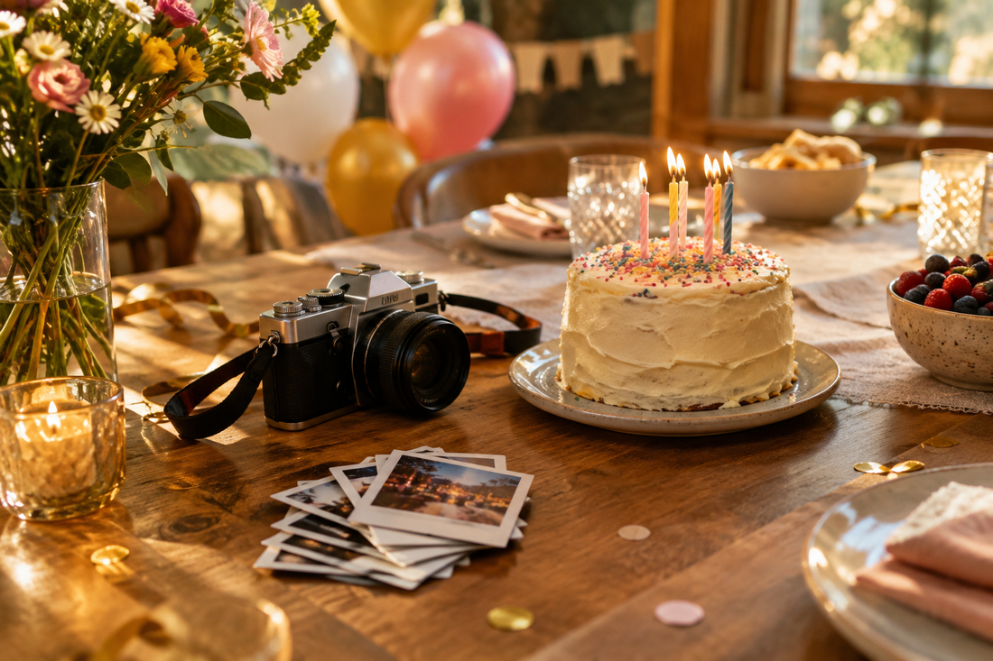 Camera and instant photos beside a birthday cake and party table
