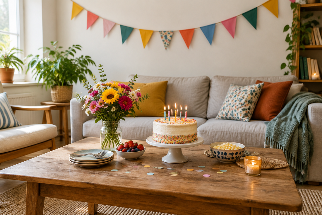 Simple budget-friendly birthday party setup with a cake, bunting, flowers, and cozy seating