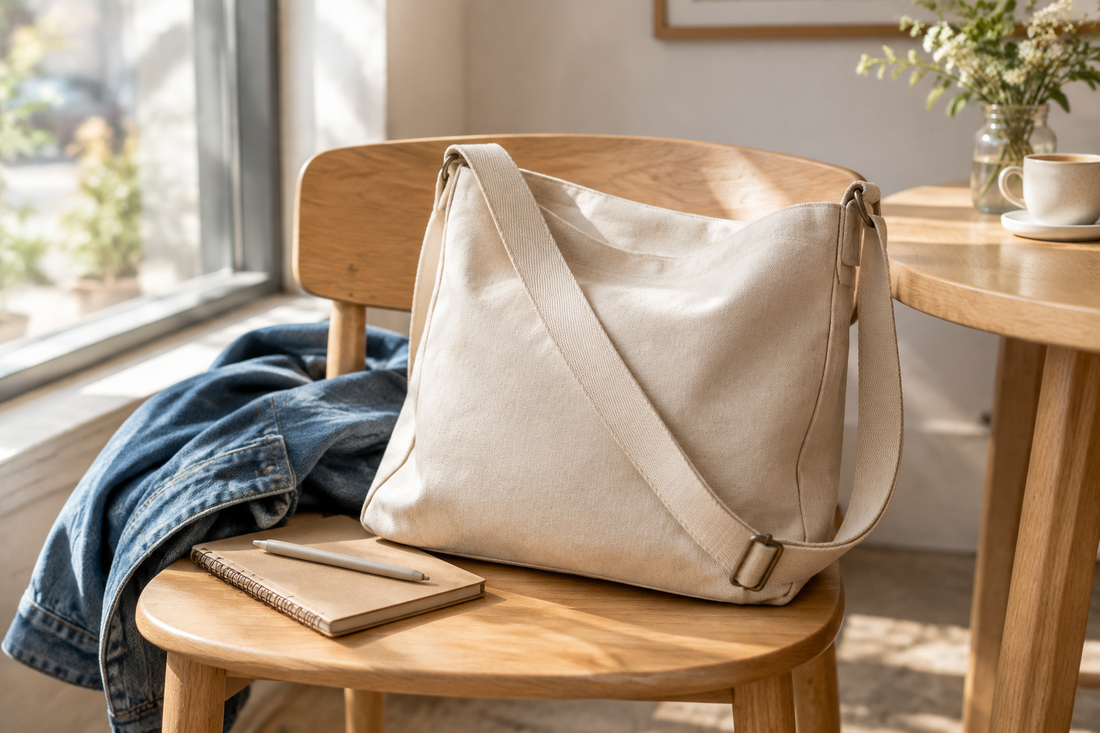 Illustrative beige canvas tote bag on a wooden cafe chair beside a denim jacket and notebook.