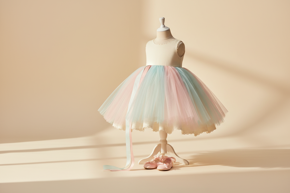 Soft pastel children's party dress with ballet flats and a ribbon for a comfort guide