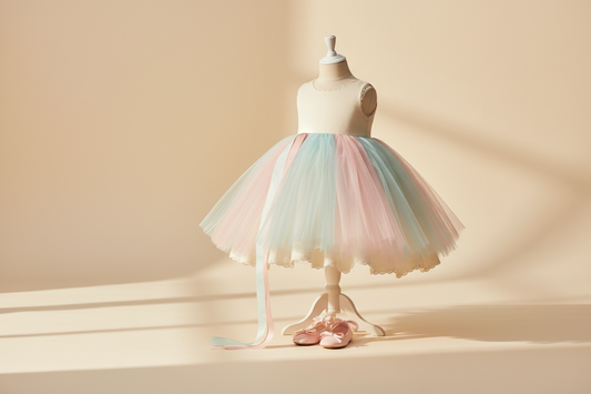 Soft pastel children's party dress with ballet flats and a ribbon for a comfort guide