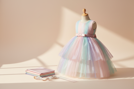 Pastel children's party dress beside a measuring tape for a size guide