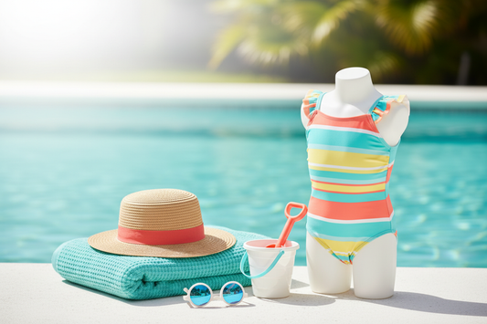 Colorful children's swimsuit beside a sun hat and poolside accessories
