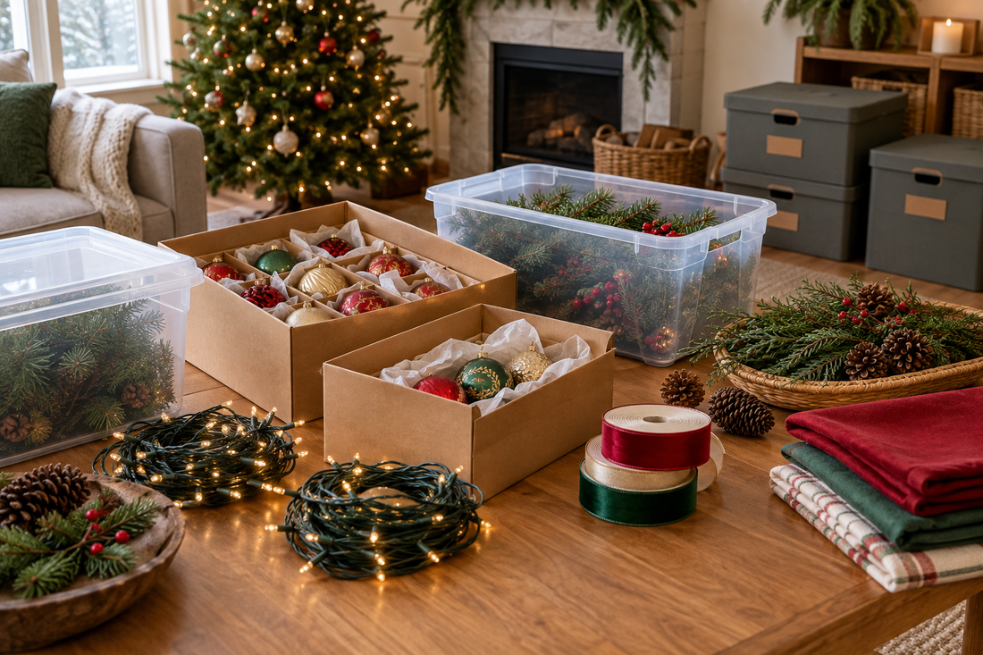 Christmas ornaments and string lights organized neatly for storage after a party