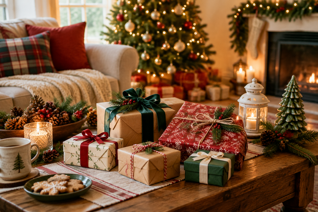 Wrapped Christmas gifts on a cozy table with warm lights and holiday decorations