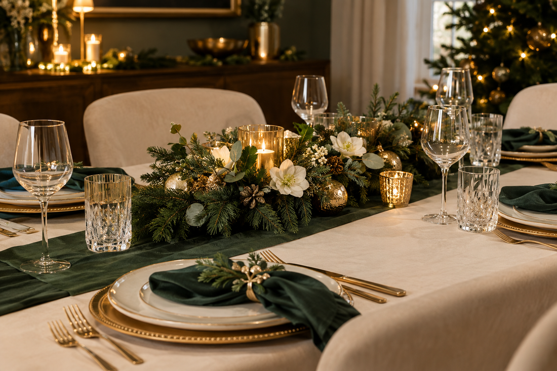 Christmas dining table decorated in cream, deep green, and gold with a low centerpiece