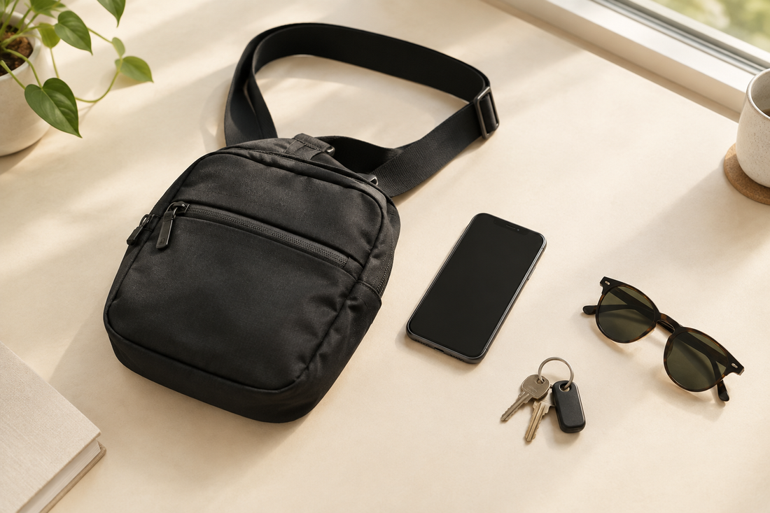 Illustrative black crossbody sling bag with a phone, keys, and sunglasses on a cream tabletop.