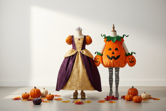 Coordinated family Halloween costume outfits with pumpkins and autumn leaves