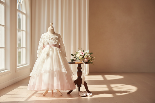 Ivory and blush flower girl dress with floral details and a small bouquet