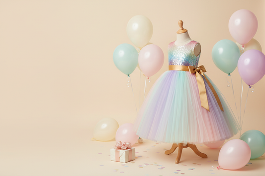 Colorful girls' birthday party dress with pastel balloons and a wrapped gift