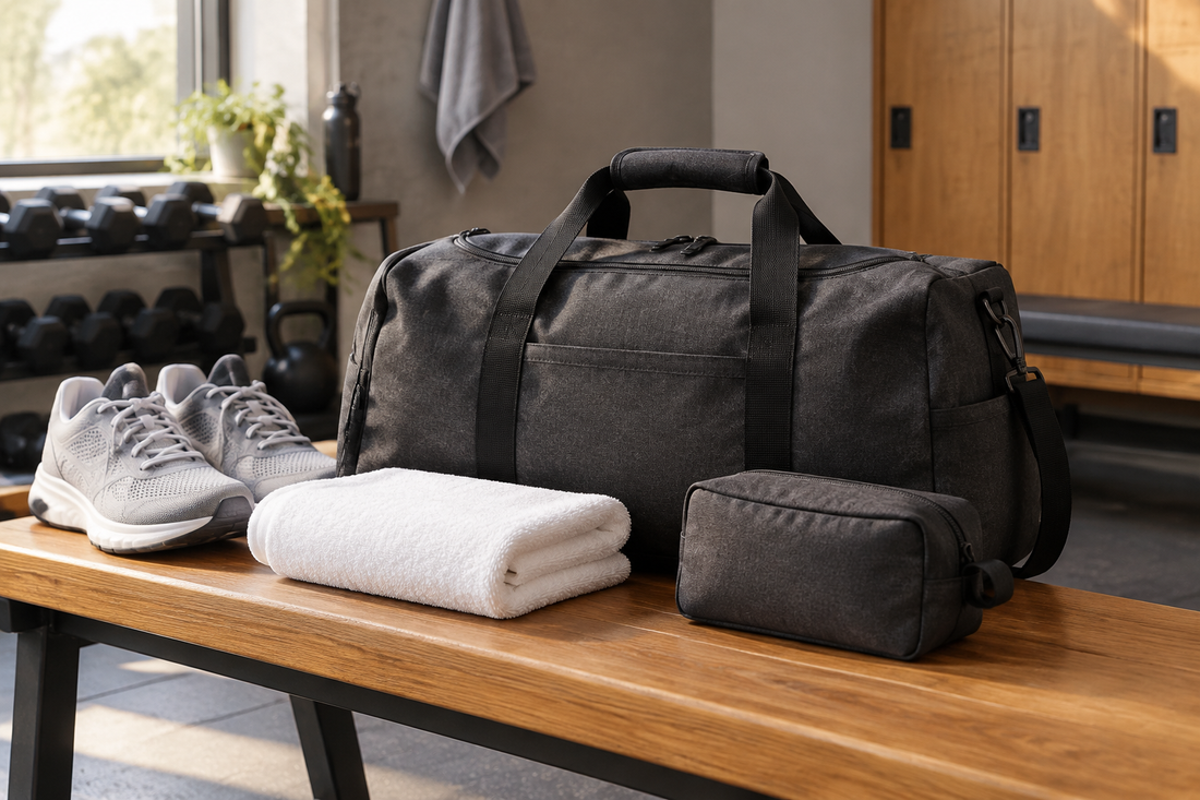 Illustrative charcoal gym duffel bag on a wooden bench beside trainers, a folded towel, and a toiletry pouch.