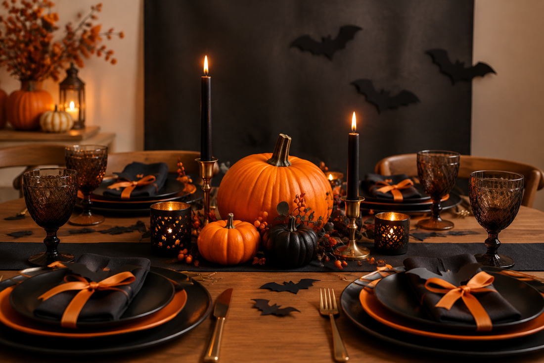 Black and orange Halloween party table with pumpkins and a simple photo backdrop