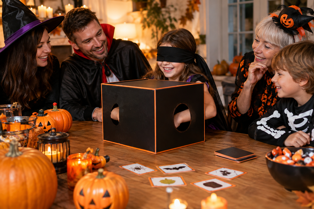 Guests enjoying a Halloween party game around a mystery box with pumpkins nearby