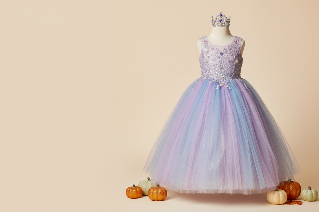 Lavender and blue princess costume with a silver crown and autumn pumpkins for a Halloween costume guide