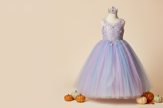 Lavender and blue princess costume with a silver crown and autumn pumpkins for a Halloween costume guide
