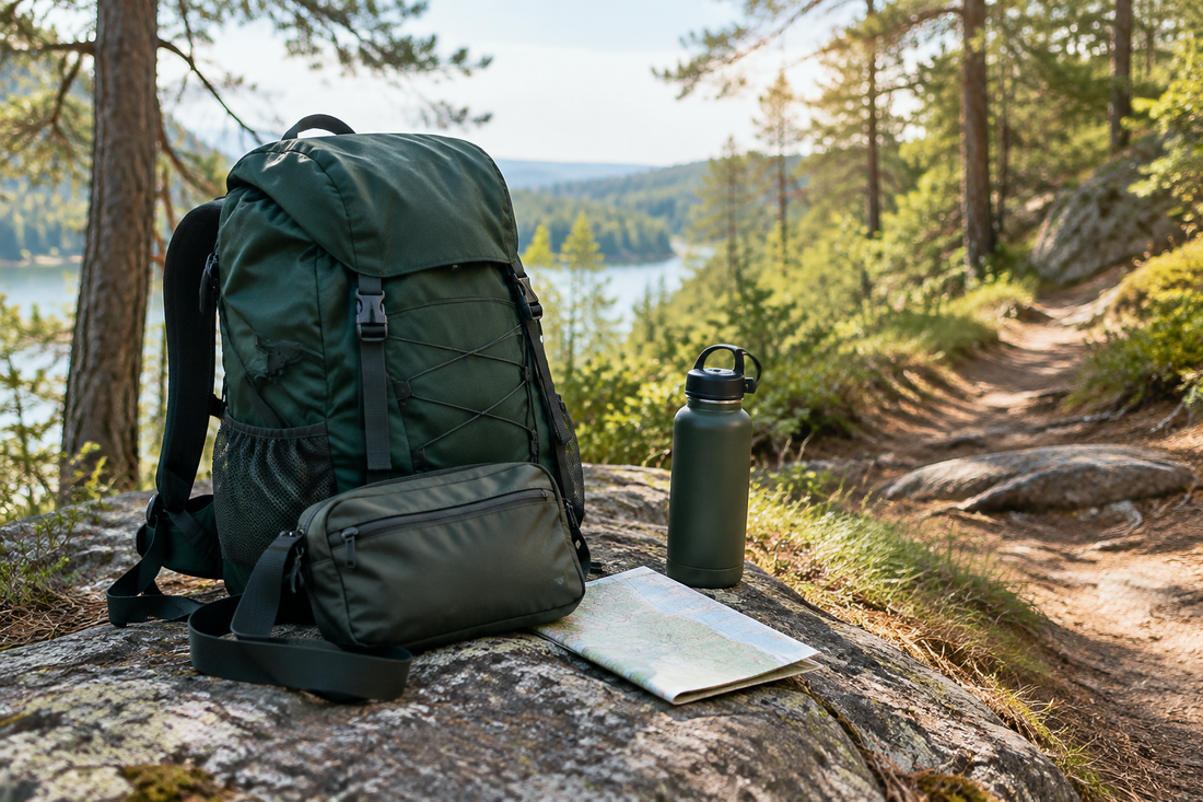 Illustrative green hiking backpack and small sling bag on a rock beside a woodland trail, with a water bottle and folded map.