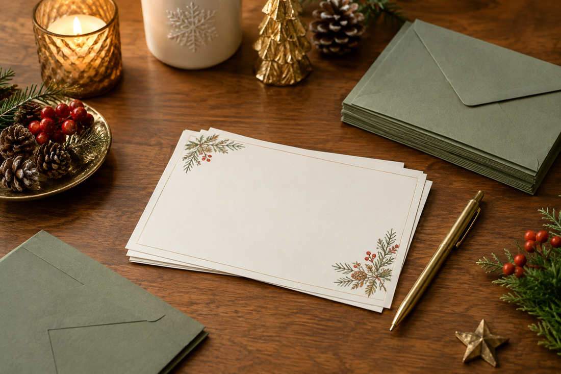 Blank holiday party invitations with envelopes, a pen, and seasonal decorations