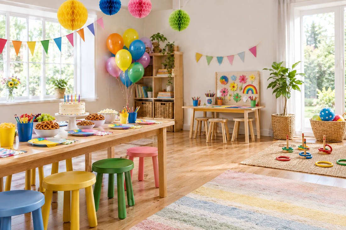 Bright children's birthday party setup with a craft station, cake, and open play space