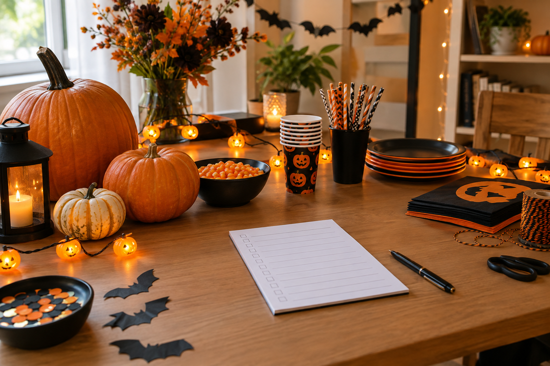 Halloween party planning desk with pumpkins, decorations, lights, and a blank checklist