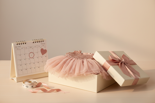 Children's party dress packed beside a calendar, measuring tape, and ribbon