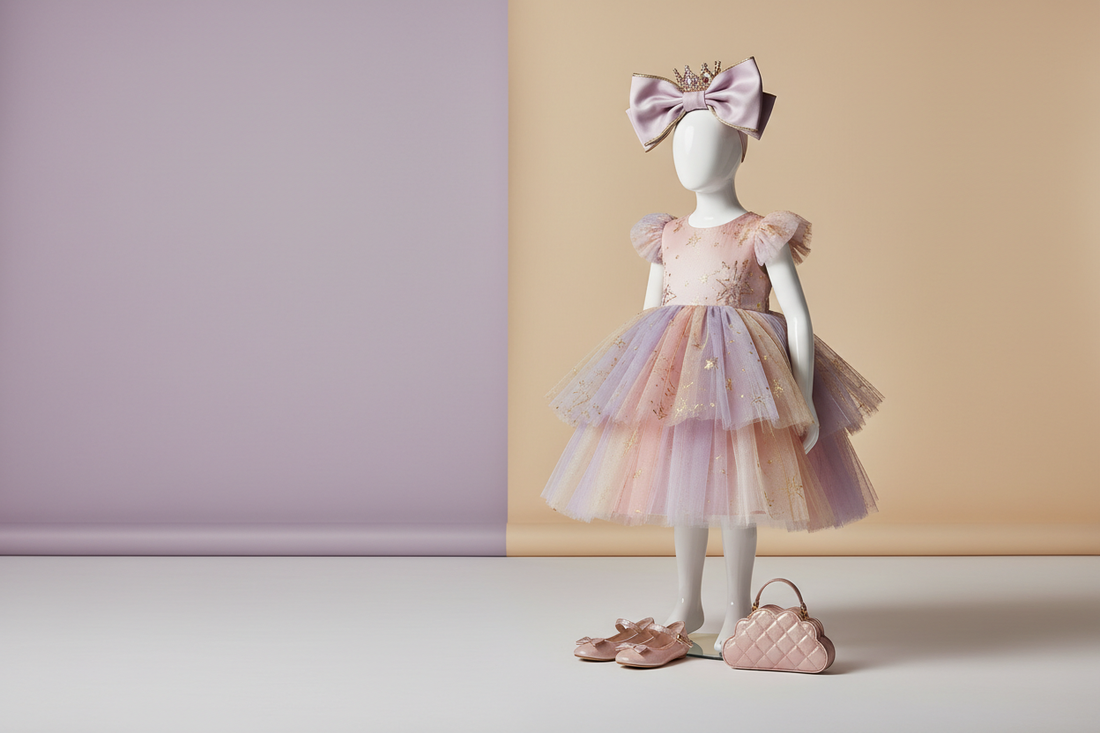 Pastel party dress styled with a hair bow, crown, ballet flats, and small handbag