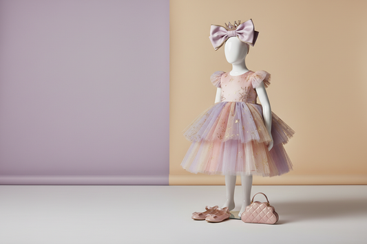 Pastel party dress styled with a hair bow, crown, ballet flats, and small handbag
