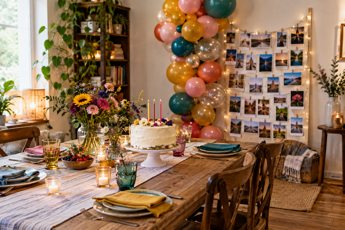 Personalized birthday party table with cake, balloons, and a warm photo corner