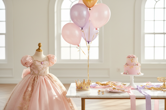 Pastel princess party table with a crown, balloons, cake stand, and dress