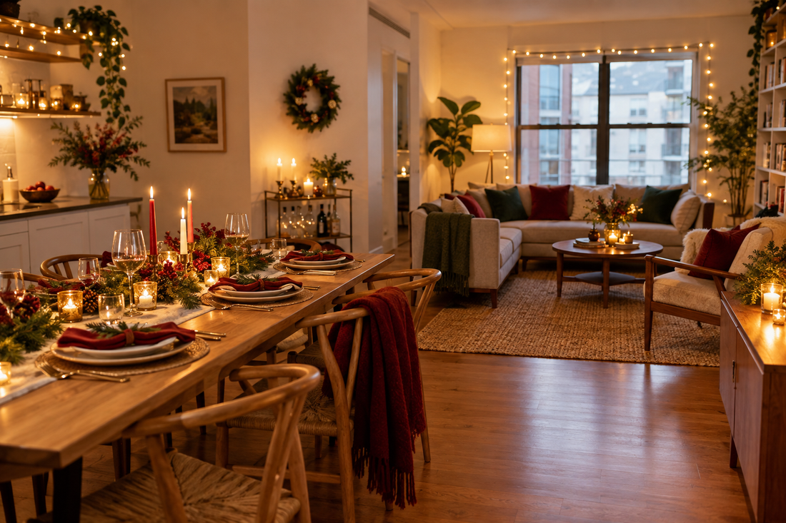 Cozy small-space Christmas party table with warm lights and red and green accents