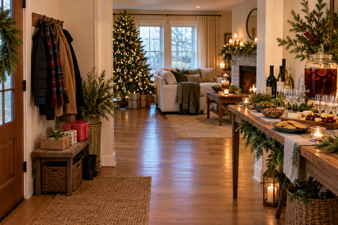 Cozy Christmas party room with a drinks station and welcoming space for coats and gifts