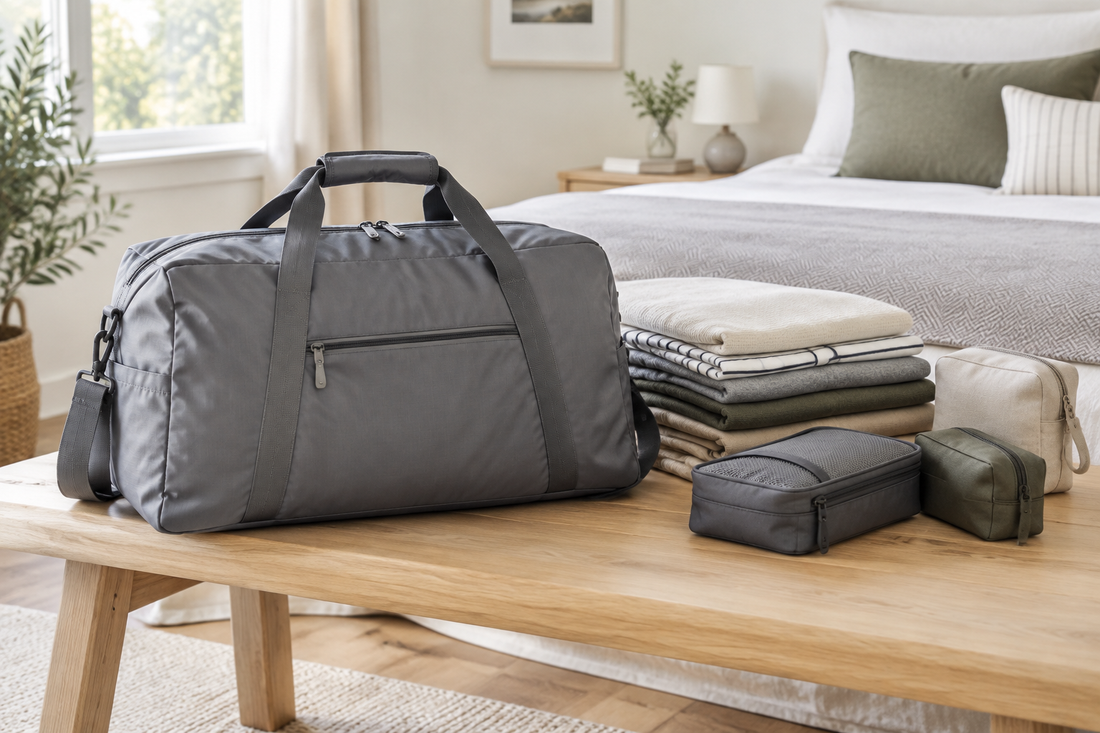 Illustrative gray travel duffle bag with neatly folded clothing and travel pouches in a bright bedroom.
