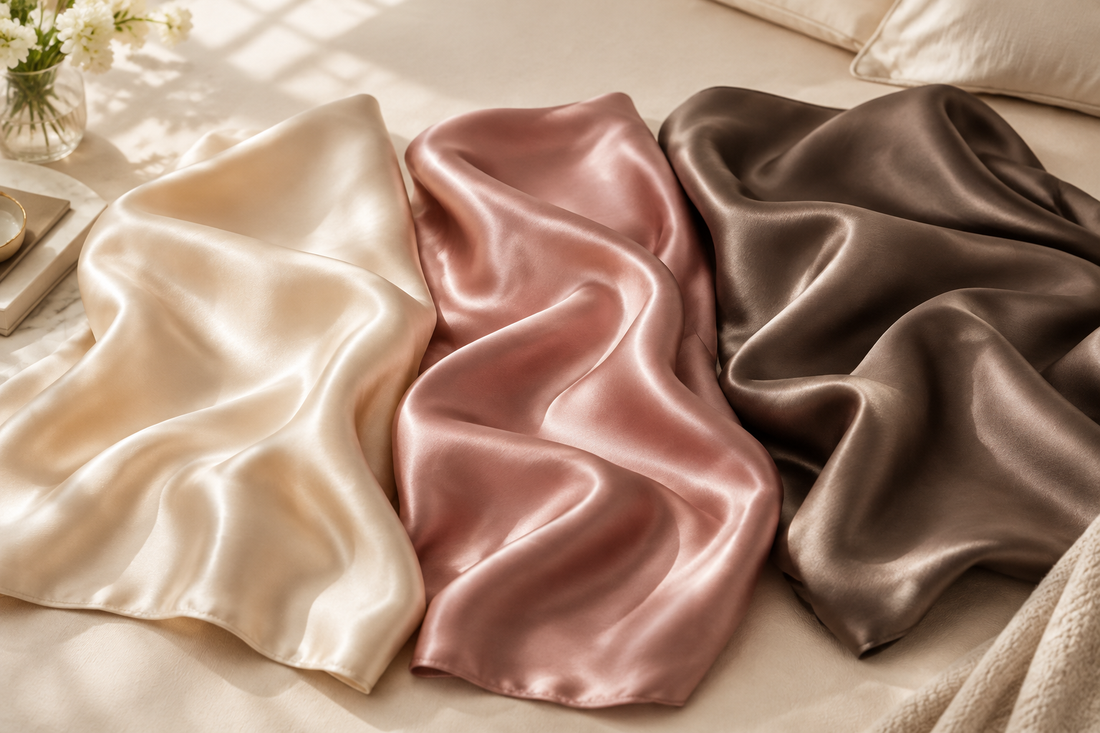 Softly draped silk fabrics in champagne, dusty rose and taupe for a guide to 16, 19 and 22 momme silk.