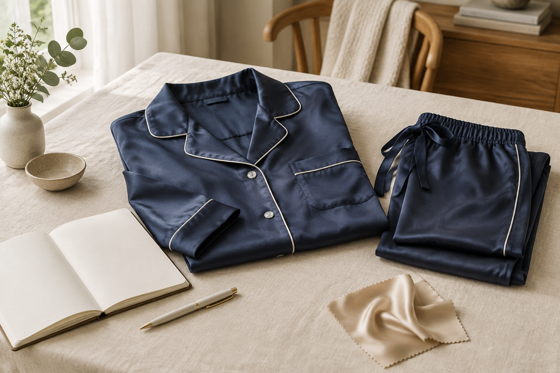 Illustrative navy pajama set beside a blank notebook, pen and champagne fabric swatch.
