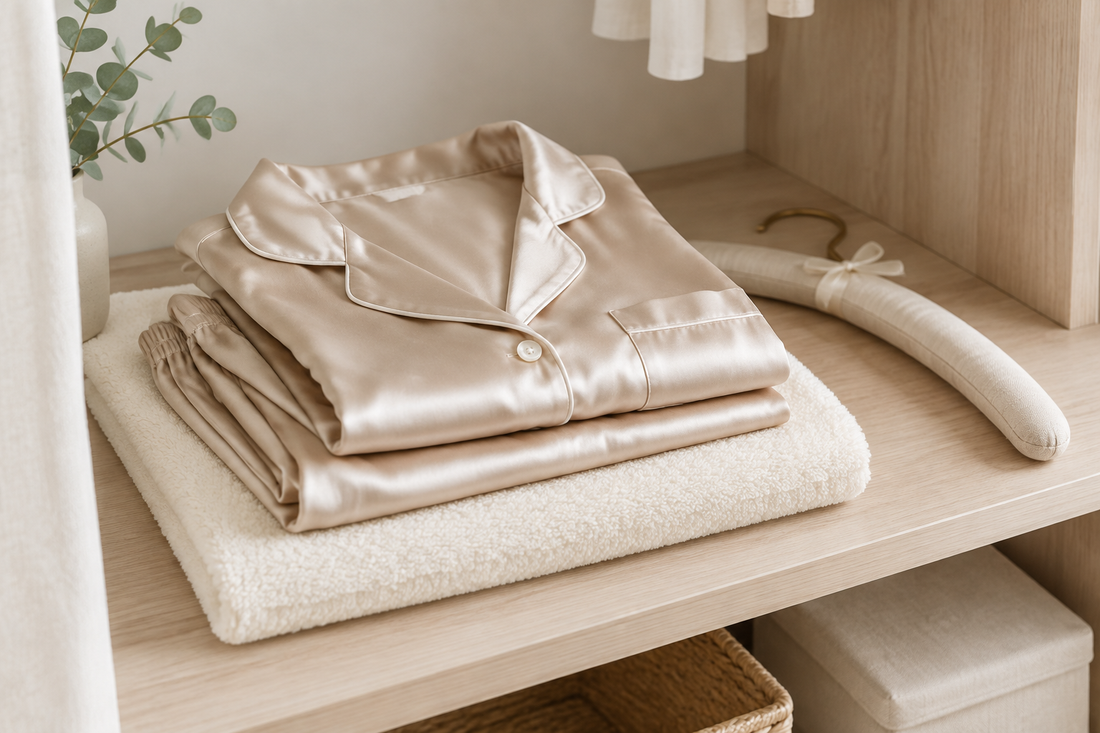 Illustrative champagne pajama set folded on a cream towel beside a padded hanger.