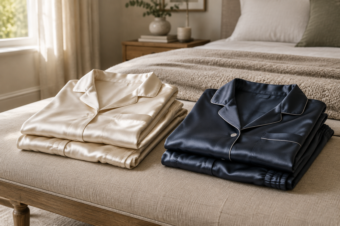 Illustrative ivory and navy silk pajama sets folded on a neutral bedroom bench.