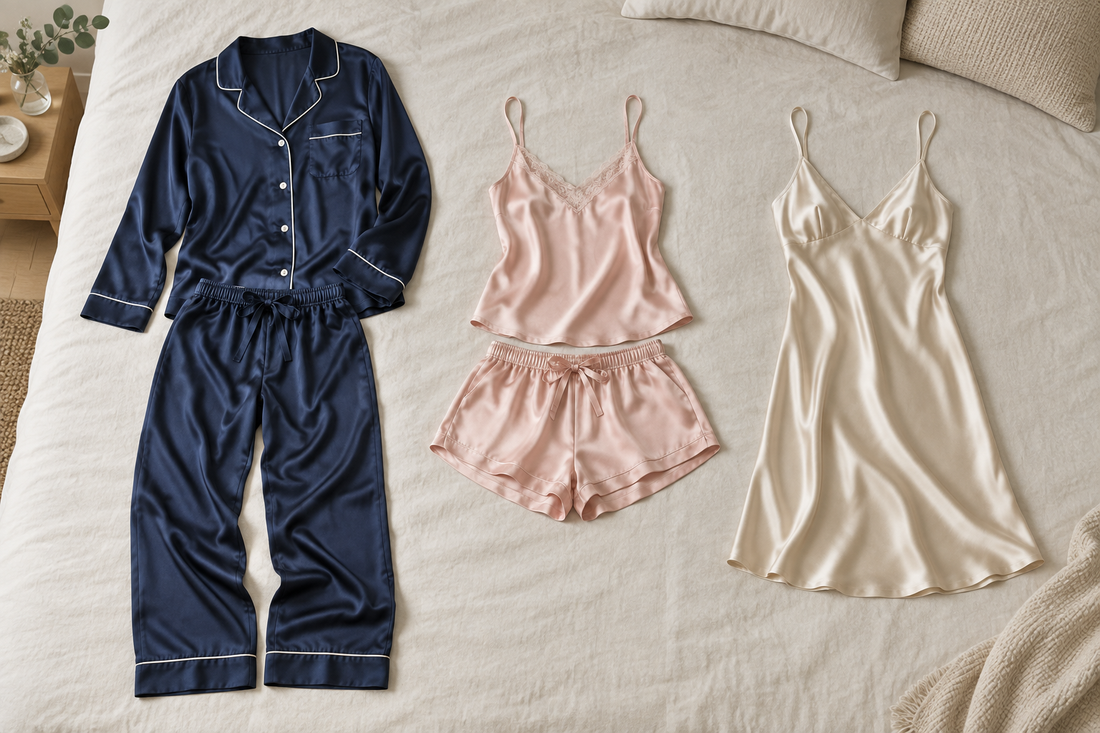 Illustrative long pajama set, cami-and-shorts set and slip nightdress arranged on a cream bed.