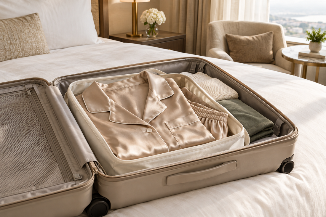 Illustrative champagne pajama set in a cotton packing pouch inside an open beige suitcase.