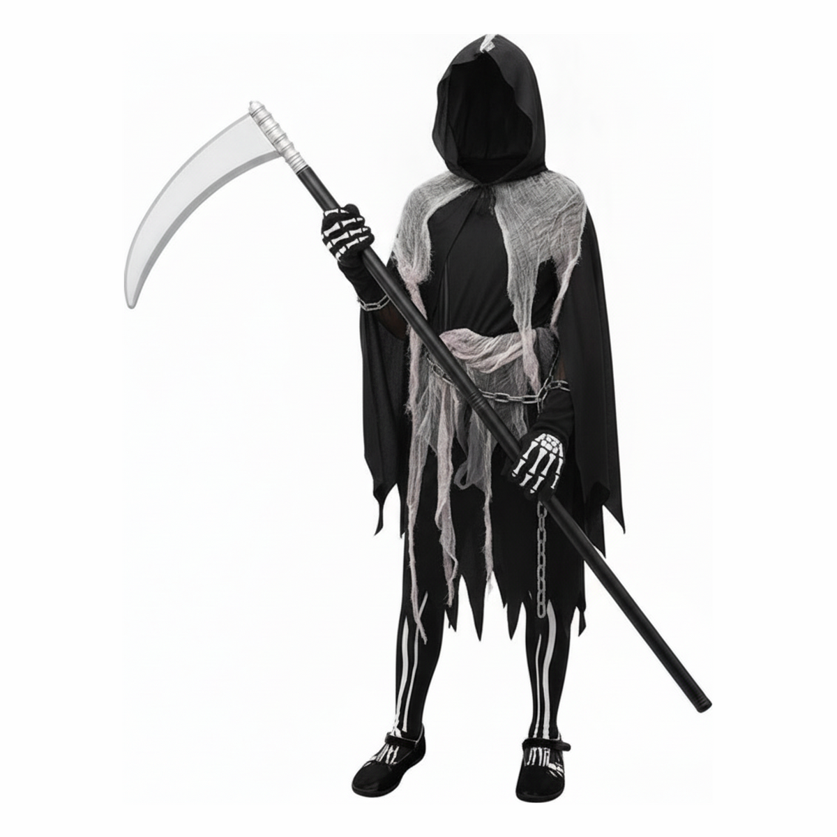 Girls Grim Reaper Halloween Costume with Tattered Hooded Cape and Skeleton Pants - main image