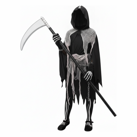 Girls Grim Reaper Halloween Costume with Tattered Hooded Cape and Skeleton Pants - main image